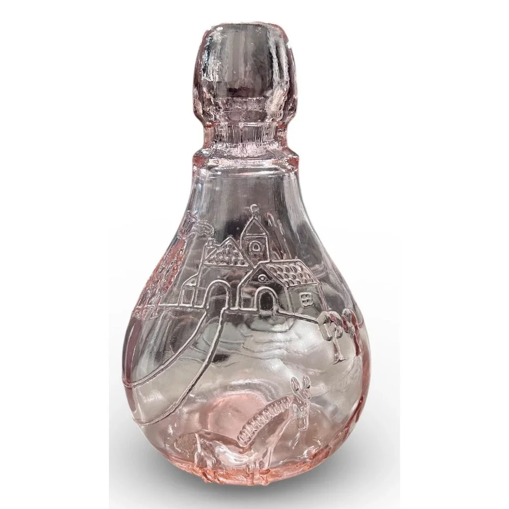 Vintage Pink Glass Casadis Milano Embossed Horse Ducks Castle Juice Decanter